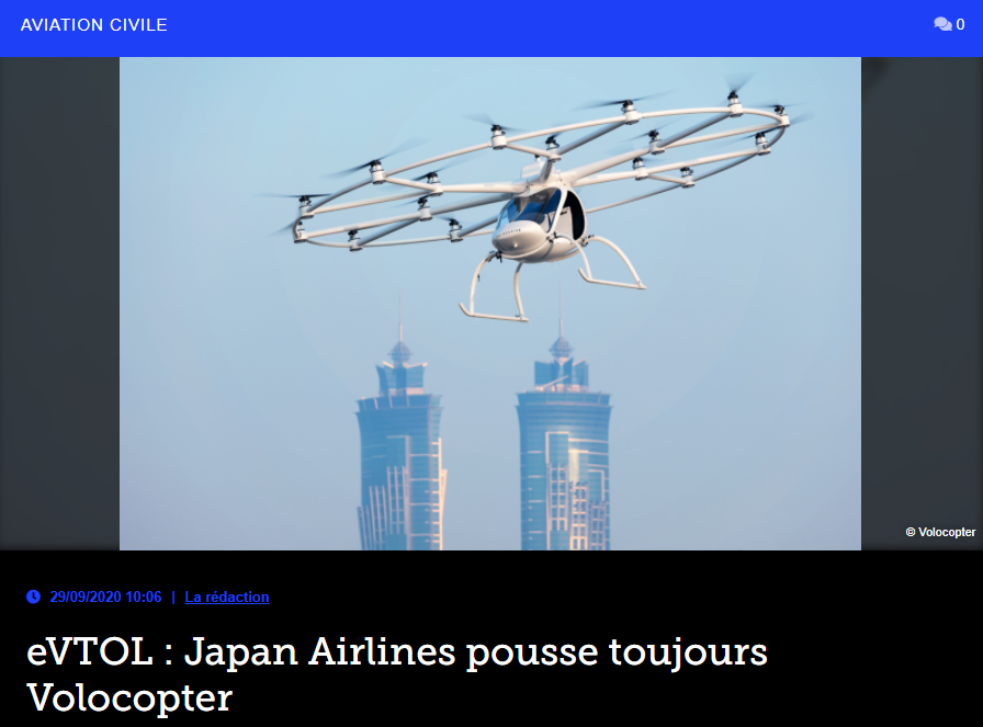 eVTOL : Japan Airlines pousse toujours Volocopter